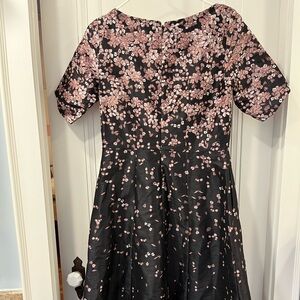 Wayward Fancies formal party dress S; poly dupioni with brown/silver flowers